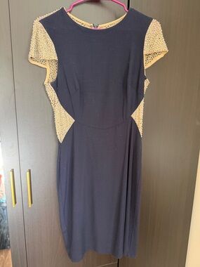 Xscape Navy Dress with Gold Beaded Accents